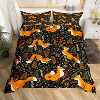 Furry Fox Duvet Cover Set Wild Animal Cold Winter Print, Decorative 3 Piece Bedding Set With 2 Pillow Shams,Full Queen King Size EU single(135x200cm) black