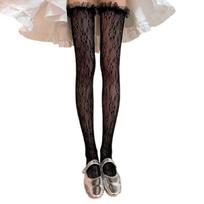 Flower Pattern Fishnet Thigh High Stockings Japanese Aesthetic Elegant Ruffle Lace Trim Over Knee Long Socks for Women black