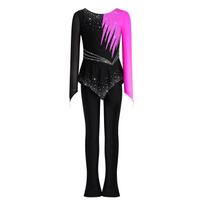 Girls Mesh Long Sleeve Jumpsuit Finger Holes Color Block Rhinestones Asymmetrical Peplum Figure Skating Costume 9-10 Years karšta rožinė spalva