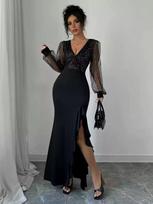 European and American knitted dress elegant and sexy V-neck high waist slim-fitting sequin splicing elastic dress new XL gray