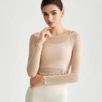 Women's Sexy Mesh Lace Long Sleeve Yoga Top and Bra Two-Piece Pilates Set Small beige