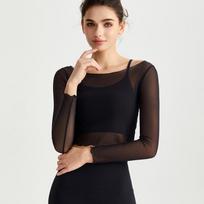 Women's Sexy Mesh Lace Long Sleeve Yoga Top and Bra Two-Piece Pilates Set Medium black