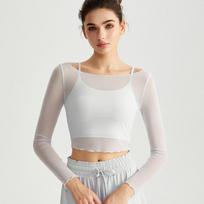 Women's Sexy Mesh Lace Long Sleeve Yoga Top and Bra Two-Piece Pilates Set Small white