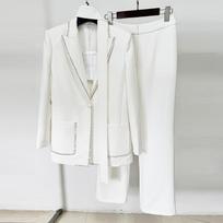 2026 High Street Spring Fashion: Rhinestone Suit Jacket & Trousers Scarf Set for Women M white