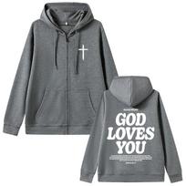 Christian Jesus Good News God Loves You Bible Verse Graphic Zipper Hoodie Men Women Oversized Zip Up Jacket Tops M gray