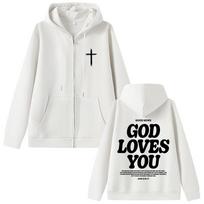 Christian Jesus Good News God Loves You Bible Verse Graphic Zipper Hoodie Men Women Oversized Zip Up Jacket Tops 3XL white
