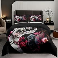 Dragon And Cherry Blossom Duvet Cover Set - Soft High-Definition Digital Print Black with Pink Blossoms Soft Breathable US Twin(172x218cm) gray