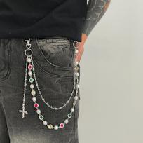 Salircon 2026 Exquisite Luxury Cross Pendant Imitation Pearl Keychain Belt Chain Men Punk Trousers Jeans Chain HipHop Jewelry gray