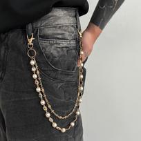 Salircon 2026 Exquisite Luxury Cross Pendant Imitation Pearl Keychain Belt Chain Men Punk Trousers Jeans Chain HipHop Jewelry gray