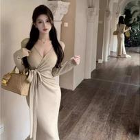 Women's Cross V-Neck Long Sleeve Knit Dress – Autumn/Winter Waist-Cinching, Tie-Up, Hip-Hugging Skirt 2XL gray
