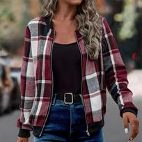 Women's Plaid Zip-Up Baseball Jacket Casual Fall Winter Coat S gray