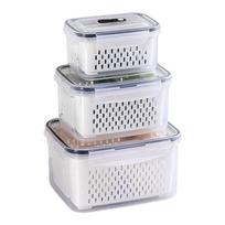 Easy Carry Food Storage Box Set with Inner Drain Baskets and Lids, 3 Piece Produce Storage Set for Washed Vegetables and Fridge Storage 1 white