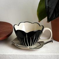 Creative Hand-Painted Tulip Flower Leaf Shape Ceramic Coffee Cup Saucer Personalized Afternoon Tea Latte Cup Saucer Gift 320ml gray