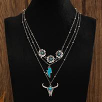3pcs Set Retro Western Cowboy Turquoise Hat Boots Pendant Multi-layer Fold Wear Necklace for Women Hip-hop Trend Jewelry Sets gray