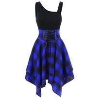 Sleeveless One Shoulder Cross Tie Waist Plaid Pattern Asymmetric Hem Dress with Corset Waistband for Women Casual Wear XL black