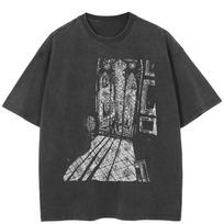 Streetwear Pastato Grafinis Marškinėlis Medvilninis Skalbtas Juodas Marškinėlis Unisex Viršutiniai Marškinėliai Vasaros Trumpomis Rankovėmis Marškinėlis 3XL gray