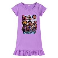 M1237 Kids Girls Kpop Rumi Zoey Mira Print Short Sleeves Ruffle Dress 100cm violetinė