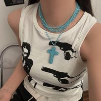 Y2k Fashion Dopamine Colored Full Crystal Cross Pendant Geometric Multi-layered Beaded Necklace for Women Hot Girl Jewelry Gifts gray