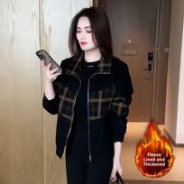 plus Size Winter Plaid Fleece Lined Casual Women's Jacket Slimming Autumn Winter Top for Middle-Aged Ladies Fashionable 5XL black