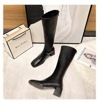 Leather boots women's thick heel brown square head tall knight boots but knee boots elastic long tube 2021 autumn and winter 40 black