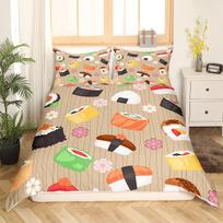Japan Sushi King Queen Duvet Cover Marine Life Bedding Set Cartoon Japanese Food Quilt Cover Colorful Polyester Comforter Cover EU single(135x200cm) beige