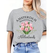Pink Tulip Print T-Shirt, Amsterdam T-Shirt, Travel Souvenirs From Amsterdam, Netherlands, Pink Floral T-Shirt, T-Shirt for Nature Lovers, M gray