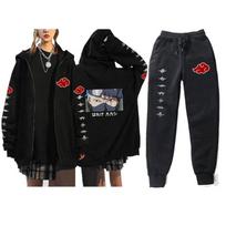 Mens Naruto Anime Hooded Zip-Up Fleece-Lined Casual Two-Piece Set Long Sleeve Top Pants XXL black