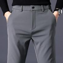 Autumn Winter Warm Men's Fleece Pants Thick Business Stretch Slim Fit Elastic Waist Jogger Classic Trousers Male 27 gray