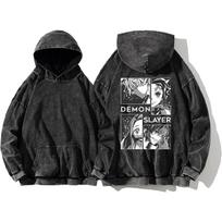 Demon Slayer Anime Sweatshirt Tanjirou And Nezuko Printed Men Women Manga Hoodies Washed Cotton Streetwear Harajuku Pullover L black