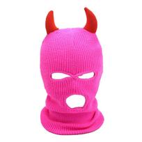 Horn Warm Knitted Hat Headgear Three-hole Wool Hat Ski Mask Funny Halloween Headgear Hat Adjustable pink