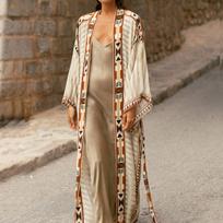 Geometrinio rašto atviro priekio kimono su diržu, boho ilgomis rankovėmis paplūdimio drabužis, moteriški drabužiai One-size brown
