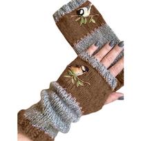 Women Half Finger Gloves Winter Stretchy Knit Bird Embroidery Fingerless Gloves Cotton Short Hand Warmer with Thumb Hole gray