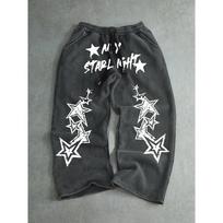 Men's Black Wide Leg Sweatpants with White Star Prints STAR LIGHT Text, Drawstring Waist, Loose Fit, Urban Street Style Y2K Fashion XXL black