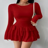 Vasarinė Žieminė Vienspalvė Slim Fit Krioklio Klostės Mini Suknelė Moterims Elegantiška Plačios Rankovės Aukštas Juosmuo Seksualios vakarėlio Bodycon Suknelės XS raudona
