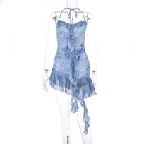 JY hot selling European and American babes sexy fashion printed lotus leaf edge neck halter short dress M gray
