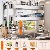 Daugiafunkcinis nerūdijančio plieno virtuvės kriauklės laikiklis indams ir lėkštėms nusausinti Double-layer 96cm (Main rack + Draining set)