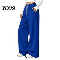 Autumn Winter Warm Pants Women Wide Leg for Fall Winter, Drawstring Elastic Waist Casual Trousers, Solid Color Loose Fit Straight Legs Trousers M blue