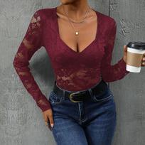 Women's Square Neck Lace Patchwork Bodysuit - Sexy Long Sleeve One-Piece XL brown