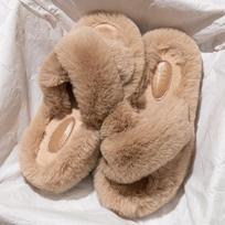 Fashion Cross Strap Fluffy Slippers for Women Winter Warm Faux Rabbit Fur Slides Woman Thick Sole Plush Indoor House Slippers 40