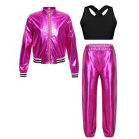 Girls Cross Back Vest Set Sleeveless Keyhole Long Sleeve Jacket Zipper Pants Hip Hop Dance Costume 9-10 Years black
