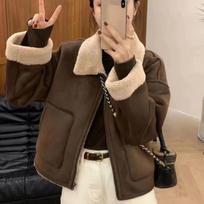 Women's Autumn and Winter Thick Warm Collar Jacket Solid Color Simple Long Sleeved Jacket L brown