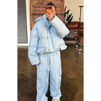 Vertical striped hooded cotton suit set thick warm loose bread suit trousers winter women's clothing L gray