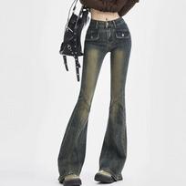 Spring Autumn Female Vintage Slim Fit Flare Pants Lady Denim Trousers Woman High Waist Elastic Spliced Wide Leg Jeans XXS gray