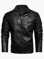 Men's Stand Collar PU Leather Jacket, Retro European Size Outerwear 3XL black