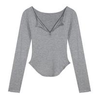 Sexy long-sleeved T-shirt women's autumn tight bottoming shirt Spice Girl red lace neck sling with pure desire top M