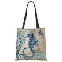 Customize Tote Bag Seahorse Turtle Octopus Print Traveling Shoulder Bags Eco Linen Shoulder Bags For Women With Print KTY gray