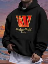 Casual Fleece-Lined Hoodie with  Walter Wolf Racing  Graphic - Warm Winter Pullover L black