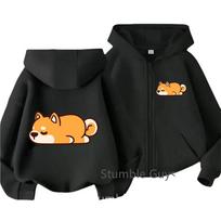 Sleeping Shiba Inu Front Back Print Zip Up Hoodie Kids Long Sleeve Lightweight Autumn Casual Cartoon Animal Children Outerwear 120 black