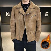 Thickened Fleece Leather Jacket Leather Men's Leather Jacket Autumn and Winter Light Business Casual Loose Lapel Jacket Men 4XL brown