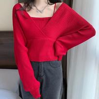 Cross V Neck Fashion Women Knit Sweater Off-Shoulder Long Sleeve Tops Slim Fit V-Neck Casual Pullover Casual Elegant Fashion Sweet Short Clothing One Size red